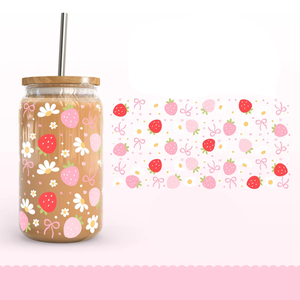 Coquette de cerezas a cuadros azules, lata de vidrio de 16oz con diseño Retro de verano, resistente al agua, UV, DTF, Gingham, Daisy, envoltura, lazo rojo, taza de cereza - Product Image 3