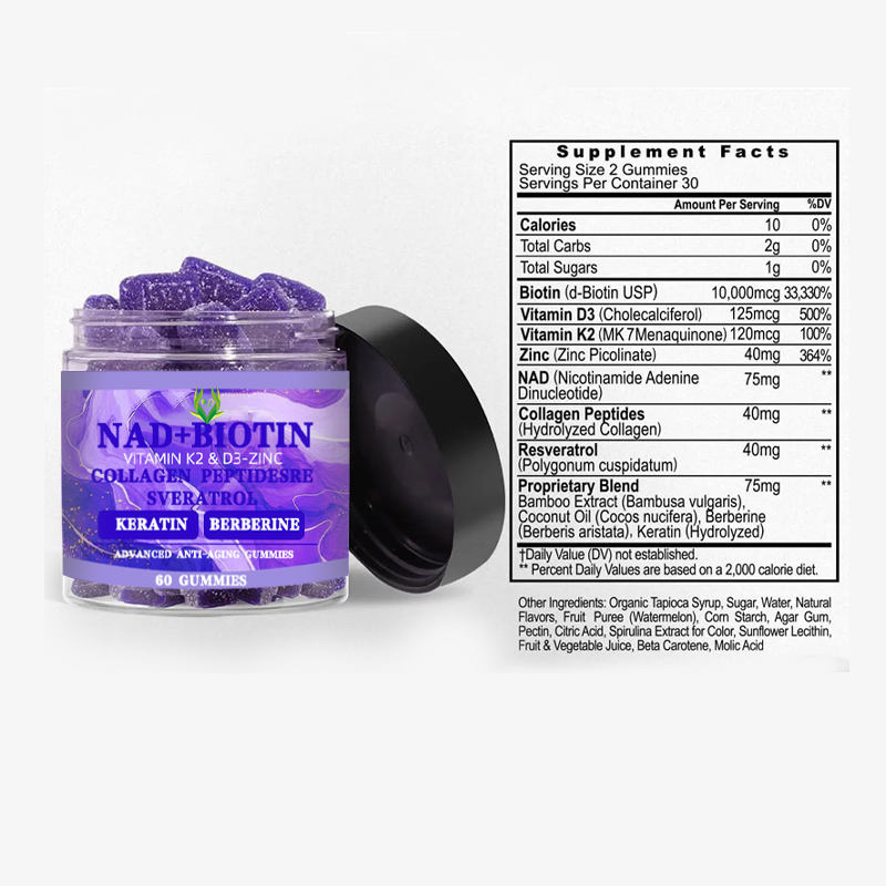 NAD+ Biotin Gummies with Vitamin K2 D3 Zinc Collagen Peptides Resveratrol Enhance Hair Skin Nails Cellular Vitality