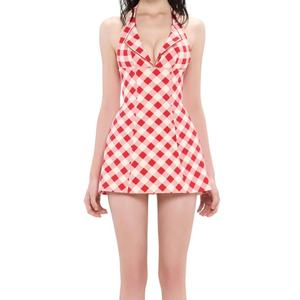 Vestido Mini de Verano Casual sin Mangas con Cuello en V, Rojo y Blanco, Tejido, ODM, de Algodón para Mujer - Product Image 1