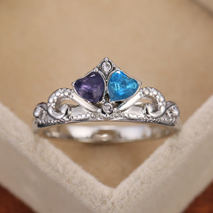 Anello a Forma di Cuore con Corona per Donne, Pietra Blu e Viola, Accessorio di Gioielleria Elegante e Minimalista, Stile Estivo - Product Image 2