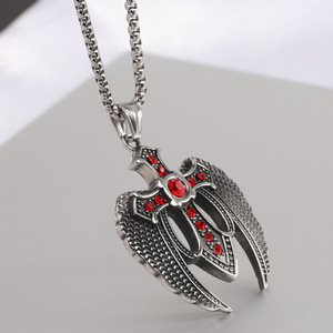 Pendentif ailes d'ange sombres en acier inoxydable, collier à thème incrusté de zircon rouge, bijoux cadeau - Product Image 1