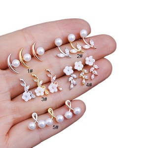 Neuer Edelstahl 0,8*6MM Dünner Stab Blumen-Ohrknochen-Piercing-Schmuck mit Perleneinlage Piercing-Ohrringe Labret - Product Image 2