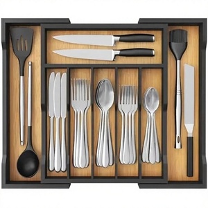 Organisateur de <span class=keywords><strong>tiroir</strong></span> extensible en bambou noir esthétique 34-50 cm, plateau à ustensiles, style industriel moderne, <span class=keywords><strong>rangement</strong></span> professionnel - Product Image 1