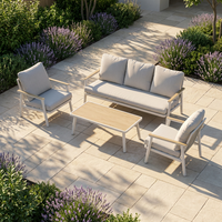 Ensemble de mobilier d'extérieur 4 pièces pour terrasse de appartement, en rotin PP, canapé de conversation moderne, cadre blanc, accoudoirs effet bois