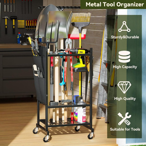 Gardening tool organizer, heavy-duty garage tool <b>rack</b> with casters and hooks, yard storage <b>rack</b>. - Product Image 2