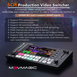 Movmagic สวิตช์วิดีโอ 5 ช่องสัญญาณ มัลติวิว 4K SDI/ วิดีโอ โครงสร้างโลหะ สำหรับการออกอากาศ/การถ่ายทอดสด รองรับ <span class=keywords><strong>OBS</strong></span>/VMix - Product Image 5