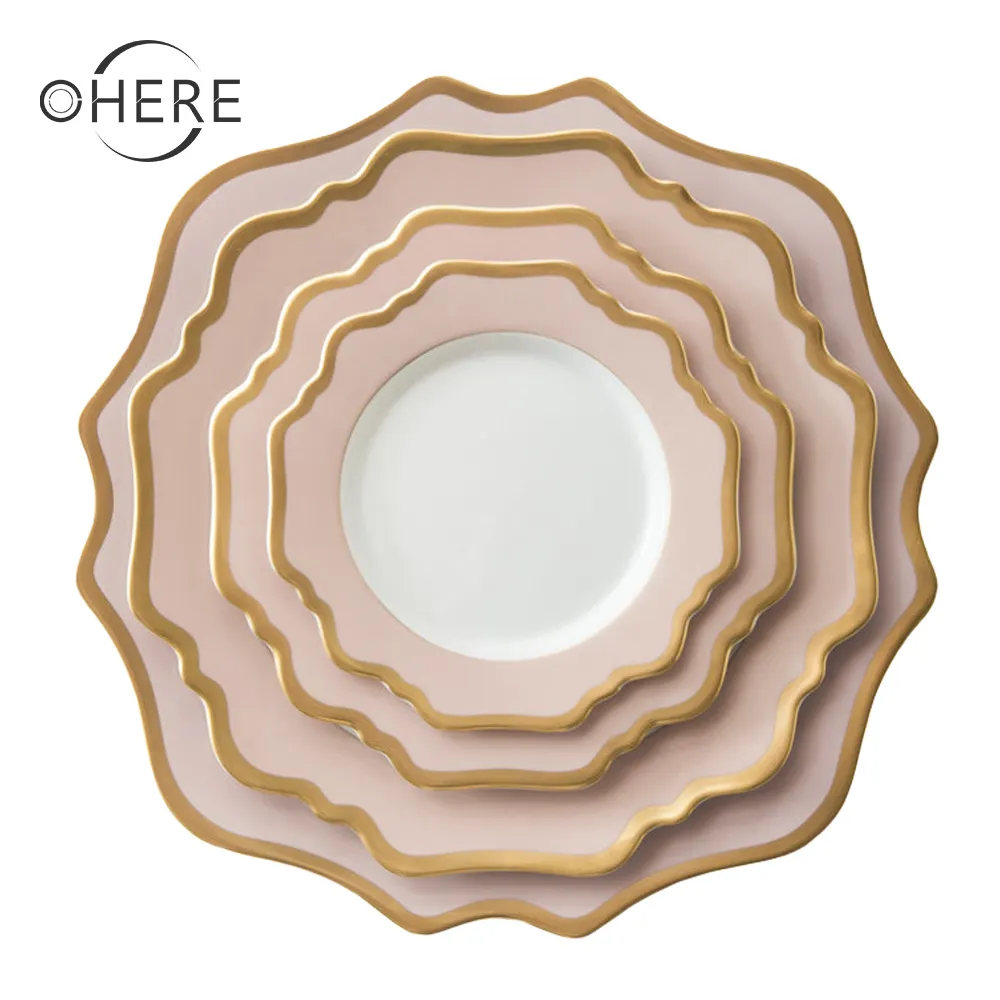 Assiettes de table en céramique, vaisselle blanche brillante en forme de tournesol, bord en bronze, art de table en porcelaine, modernes, chinois