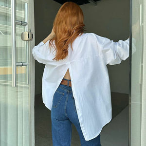 Blus baju wanita lengan panjang, baju wanita lengan panjang longgar, kancing belakang asimetris, musim panas, kasual, 5 warna - Product Image 3