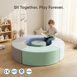 Ensemble modulaire de jeu souple en mousse, gris clair, bleu, vert, trois tons, sectionnel circulaire, pour enfants, avec ottoman central, certifié CE EN71, sûr - Product Image 1