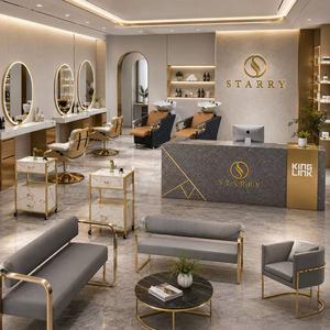 Mobilier de salon de beauté en bois doré avec logo personnalisé, <span class=keywords><strong>miroir</strong></span> LED étoilé, credenza et chaises de barbier - Product Image 5