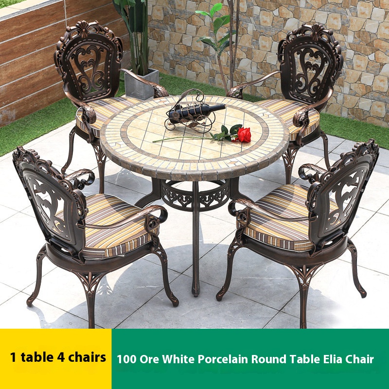 4 chaises Eliya 1 table ronde 100cm en porcelaine blanc minerai