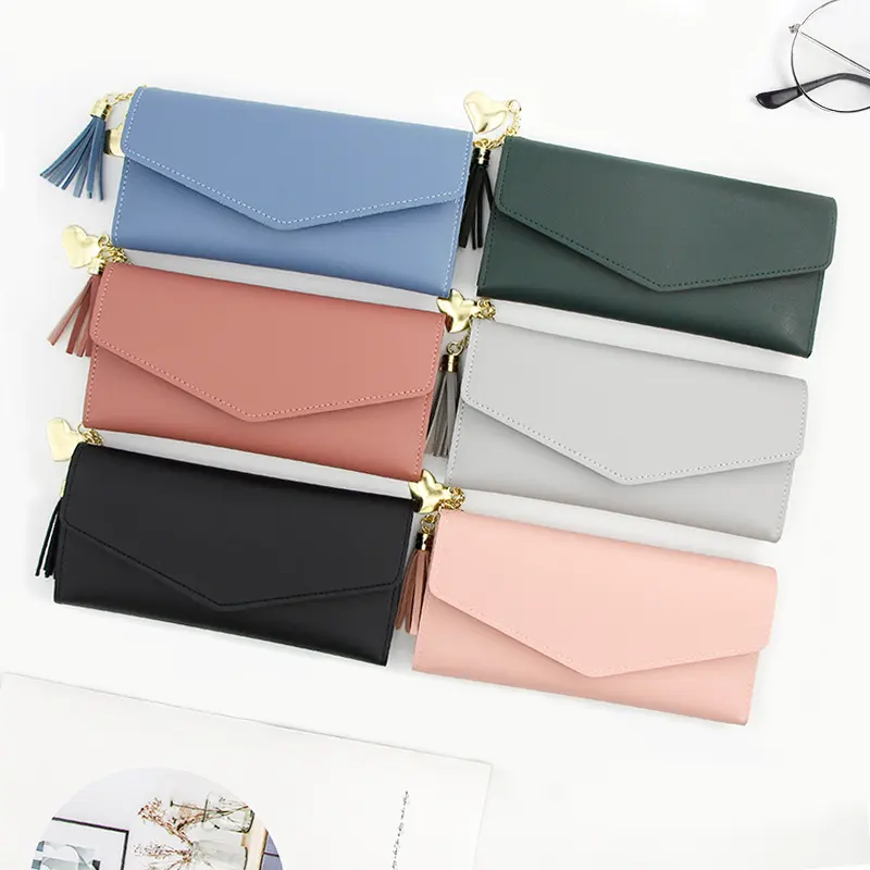 Zippered Pouch Long Change Coin Pu Leather Fabric Tassel Designer Wallets Ladies Wallets and Purses for Women