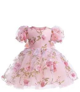 New Pink Flower Girl Dress Floral Tulle Elegance Girls Birthday Party Dresses Puff Sleeves Baby Girls Floral Tutu Dresses