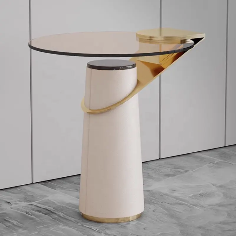 Modern Tempered Glass PU Cover Gold Metal Console Side End Coffee Table Round Coffee Table