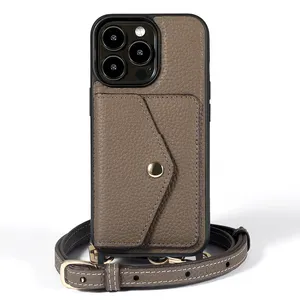 Premium genuine pebble leather crossbody phone wallet case custom logo with strap crossbody detachable for iphone 14 pro max