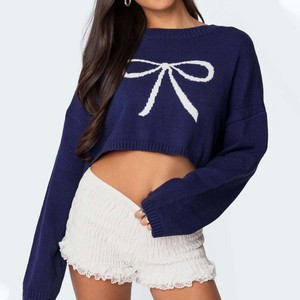Maglione Corto Casual Morbido da <span class=keywords><strong>Donna</strong></span> Blu Navy con Motivo a Fiocco, Lavorato a Maglia, a Maniche Lunghe, Pullover Autunnale - Product Image 1