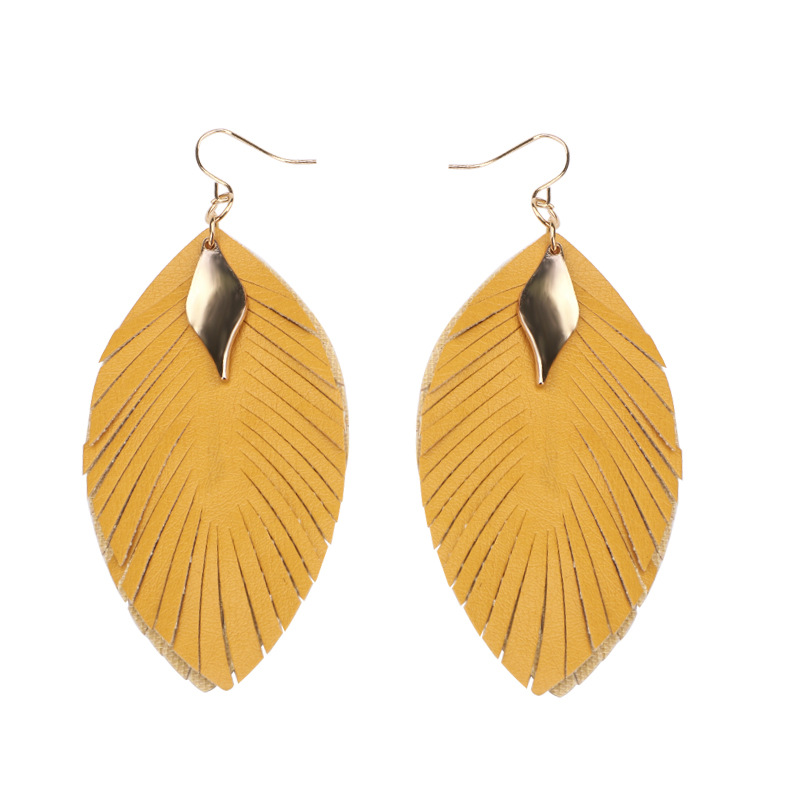 Gold Leather Boho Long Feather Earrings Lightweight Stylish