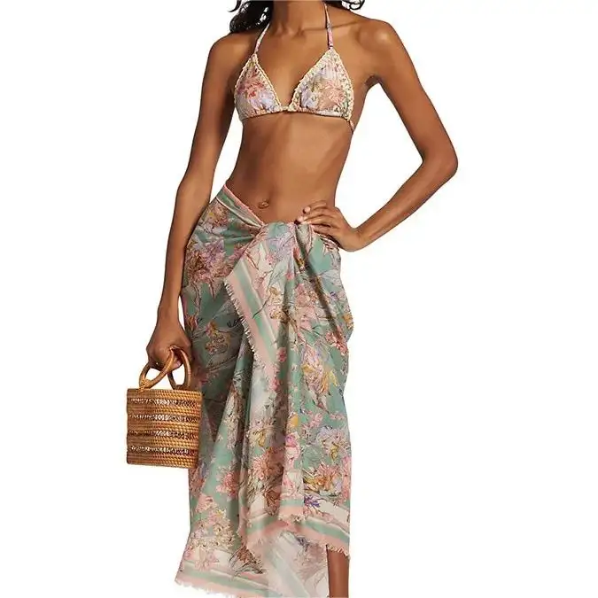 Summer 2024 New Product Floral Print Bikini Woman Swimsuit Beach Sarong 3 Piece Bikini Swimwear Beachwear Fruit Adults Wrinkle