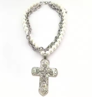 Nouvelle Mode Antique Argent Plaqué Grand Amour Coeur Croix Pendentif Collier Perle Chaîne En Argent Deux Couches Femmes Hommes Bijoux En Gros