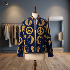 Veste Courte en Velours Bleu Brodé Symbole de la Paix pour Femme, Style Bohème, Ouverte sur le Devant, Vintage, Hiver, Ethnique, Vente en Gros, Personnalisable OEM - Product Image 5