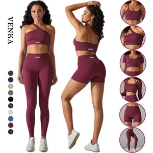 En stock personnalisé dames vêtements de sport Gym Fitness costume soutien-gorge t-shirt legging entraînement sans couture Yoga ensemble pour femmes 6 pièces ensemble