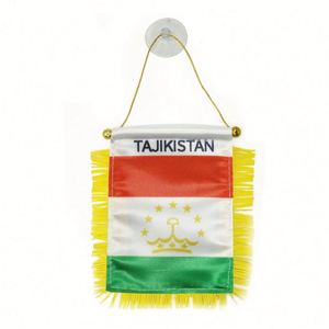 Custom Tajikistan Satin Mini Flag <b>Banner</b> with Yellow Tassels Digital Printed Car Pennant - Product Image 1
