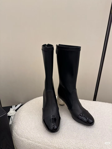 Top Quality Luxury Designer Women's Chic Mid-Calf Leather Boots Breathable Zip Back Design Contrast Toe Heel Black/Beige/White - Product Image 6