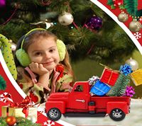 2025 Décor de camion de Noël de ferme-Boîtes cadeaux de voiture mignonnes en métal rouge-Vintage artisanal avec mini arbres de Noël avec de la poudre de neige