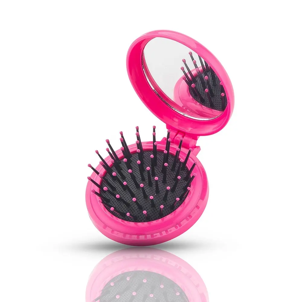 Wholesale mini portable Plastic Folding black pins Hair Brush with round mirror