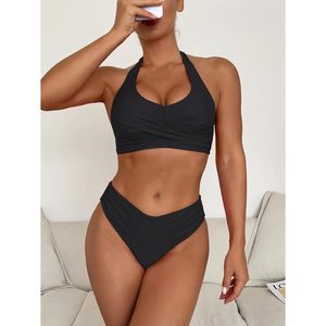 Anrabess Womens <b>Bikini</b> <b>Set</b> Two Piece High Waisted Halter Twist Front Swimwear Summer Beach Bathing Suit Stretch Spandex - Product Image 3