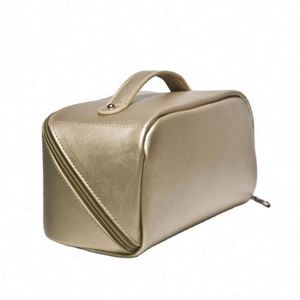 Elegant Golden PU Cosmetic Bag Large Capacity Open Flat Toiletry Bag Portable Travel Makeup <b>Pouch</b> - Product Image 3