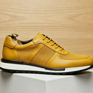 Zapatos para caminar de cuero de vaca auténtico para hombre, punta redonda, con cordones, parte superior de malla transpirable, suela de goma, color sólido, zapatillas informales a la moda - Product Image 4