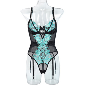 Combinaison sexy transparente en dentelle turquoise avec soutien-gorge intégré, dos nu, jarretelles et culotte, body teddy - Product Image 5