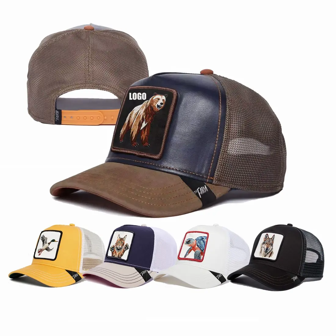 Topi grosir kustom 5 Panel 3D topi hewan Patch bordir topi Trucker jala Premium Gorras topi olahraga bisbol luar ruangan uniseks