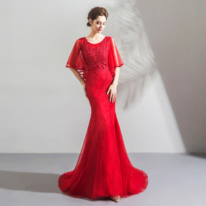 Vestido de Noche Rojo de Sirena con Escote Redondo y Mangas Acampanadas para <span class=keywords><strong>Fiesta</strong></span>, Última Moda 2020 - Product Image 3