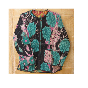 Reversible Vintage Kantha chaqueta azul índigo estampada a mano Jaipur - Product Image 6