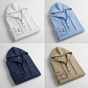Camisa Henley de Manga Larga con Capucha y Rayas Verticales para Hombre, Mezcla de Lino, con Cordón Ajustable, Informal, para Uso Diario, para Vacaciones en la Playa - Product Image 3