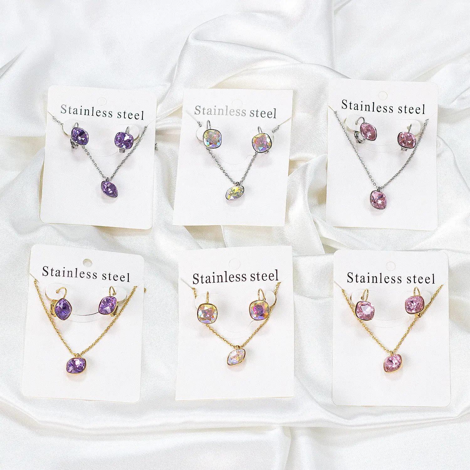 Diamantes de imitación collares de colores conjunto de pendientes de cristal de acero inoxidable conjunto de joyería transfronteriza femenina