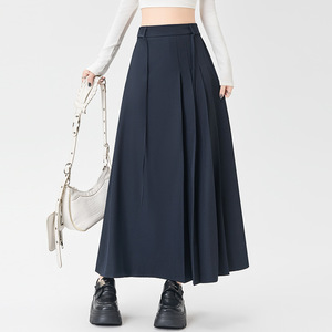 <span class=keywords><strong>Bleu</strong></span> <span class=keywords><strong>marine</strong></span> costume décontracté <span class=keywords><strong>jupe</strong></span> femmes automne 2025 nouvelle taille naturelle drapée sangle un moyen Long plissé en mousseline de soie - Product Image 1