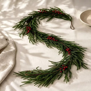 Youth Christmas Garland Green Plastic Artificial Vine With Red Berries And <b>Pinecones</b> For Holiday Decoration - Product Image 2