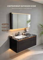 Meuble-lavabo suspendu moderne avec miroir intelligent à induction, vasque intégrée en pierre frittée