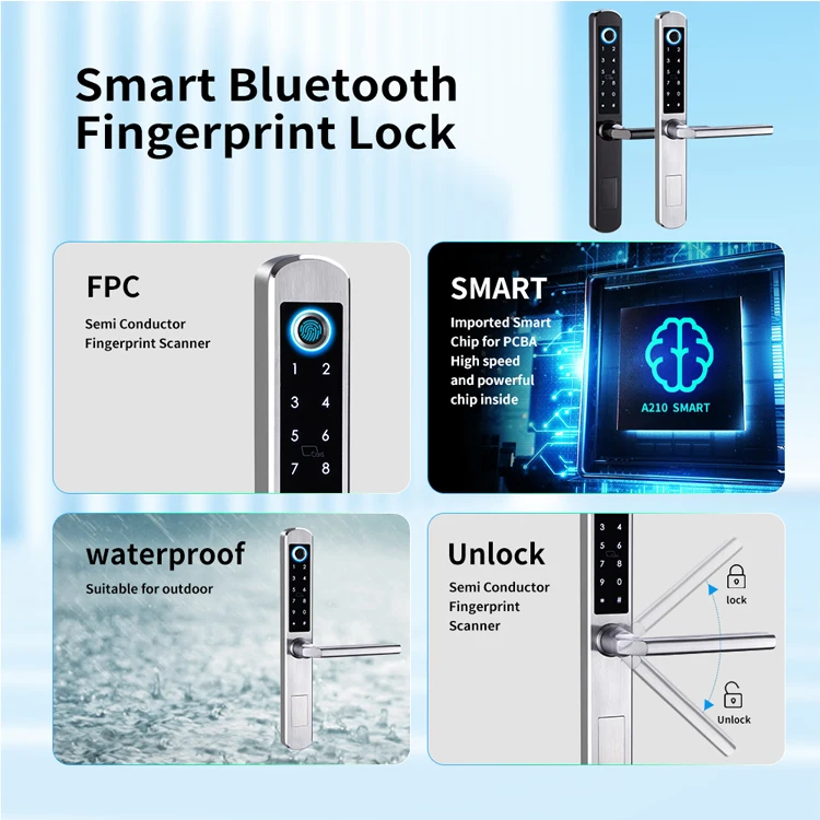 Smartek A210 Waterproof IP65 Stainless Steel 304 TTLock App Fingerprint Password Keyless Entry Smart Sliding Aluminum Door Lock