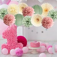 Décorations de fête écologiques de luxe rose poudré et vert sauge, pompons en papier, lanternes en papier, points décoratifs pour anniversaire, mariage, baby shower