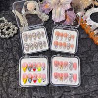 Lot de 10 faux ongles à presser faits main, courbés en amande, texture 3D PMMA, couvrance totale, style français moyen
