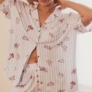 Conjunto de Pijama a Rayas Estampadas para Mujer, Manga Corta, Botones al Frente, Ropa de Dormir de Algodón, Ropa Casual de Verano, Pijama de Algodón de Bambú - Product Image 1