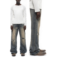 Jeans en denim ample à jambe large pour homme, style japonais, délavé, vieilli, déchiré, ourlet effiloché, design de patch