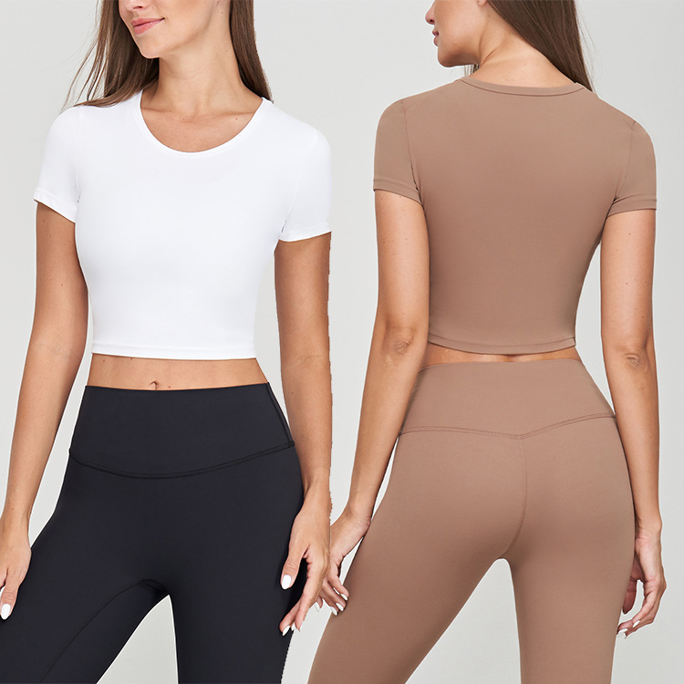 New Style Women Round Neck Crop Top Short-Sleeved High Elastic Gym Yoga T-Shirts Sportswear Plain Sports T Shirt