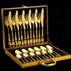 طقم أدوات مائدة فاخر من زونك مكون من 24 قطعة من الفولاذ المقاوم للصدأ المصقول الذهبي كهدية - Product Image 1