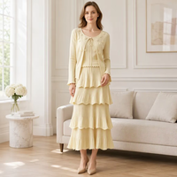 Ensemble décontracté 3 pièces en tricot Vernalux pour femme : cardigan, haut et jupe plissée à volants avec appliques florales 3D et bordure festonnée – Coordonné élégant