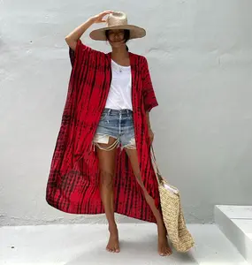OEM Red Bohemian Striped Women Beach Dress Bathing Suit Cover Up Crochet Summer Tunic For Woman Beachwear bobe de plage Kaftan